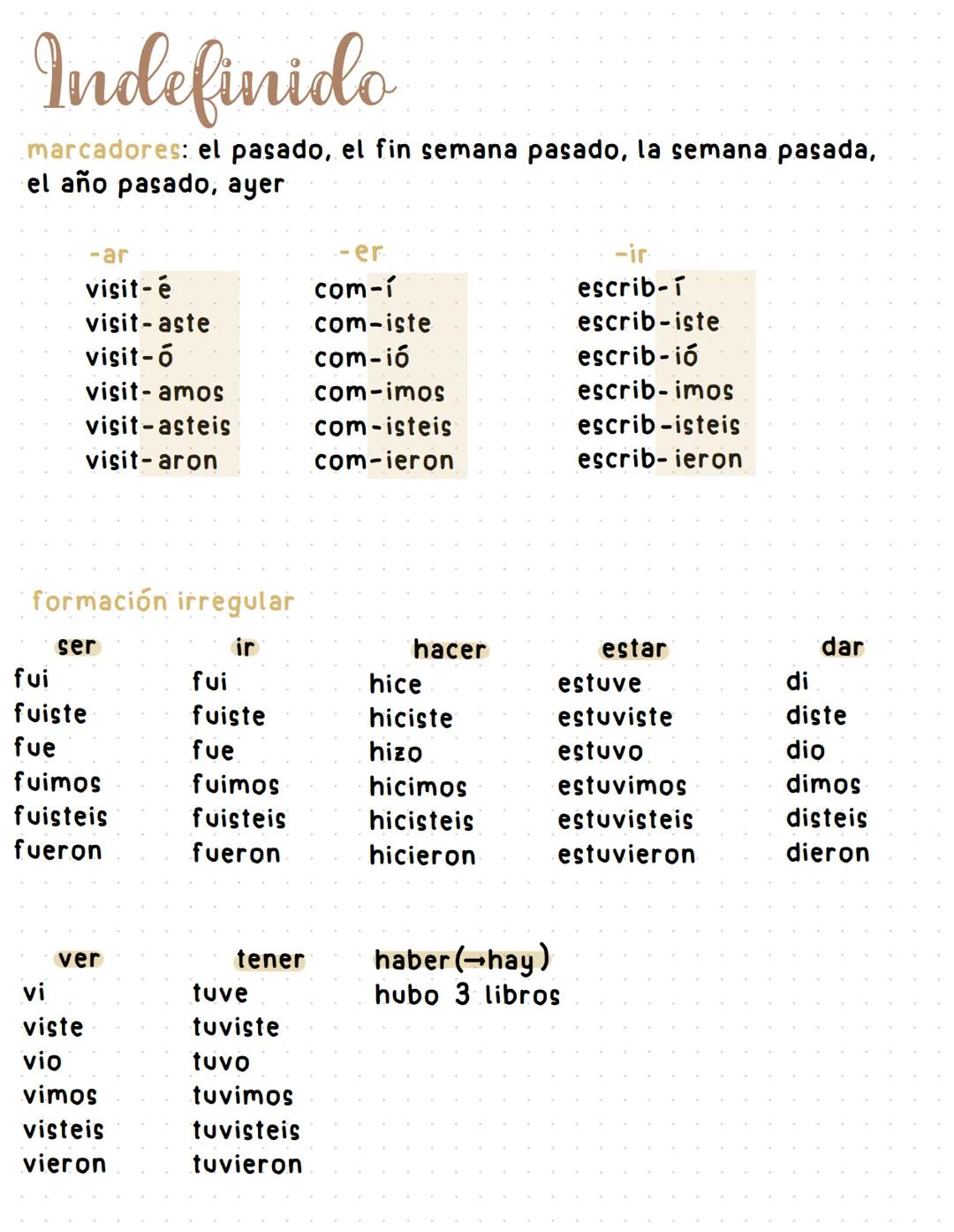 Indefinido
marcadores: el pasado, el fin semana pasado, la semana pasada,
el año pasado, ayer
-ar
visit-é
visit-aste
visit-o
visit-amos
visi