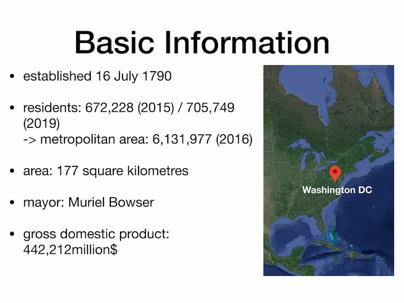 Basic Information:
since 1800 capitol of the United States of America
area: 177 square kilometres
residents: 705,749 (2019)
unemployment rat