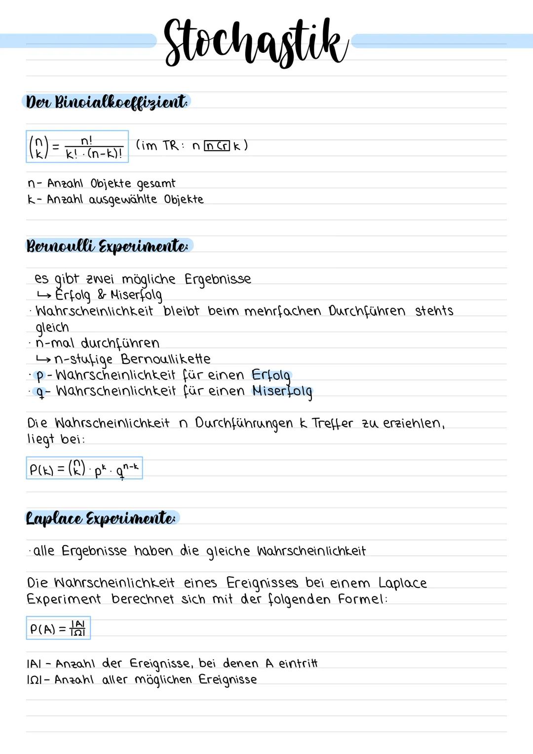 # Stochastik

Der Binoialkoeffizient

$\binom{n}{k} = \frac{n!}{k! \cdot (n-k)!}$ (im TR: $n \, nCr \, k$)

n- Anzahl Objekte gesamt
k- Anza