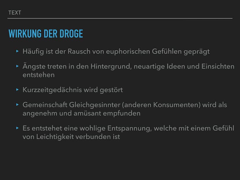 ALS RAUSCHMITTEL
CANNABIS TEXT
GLIEDERUNG
‣ Geschichte
▸ Anbau
► Wirkung der Droge
► Inhaltsstoffe
▸ Medizinischer Nutzen
► Konsum
► Rechtsl