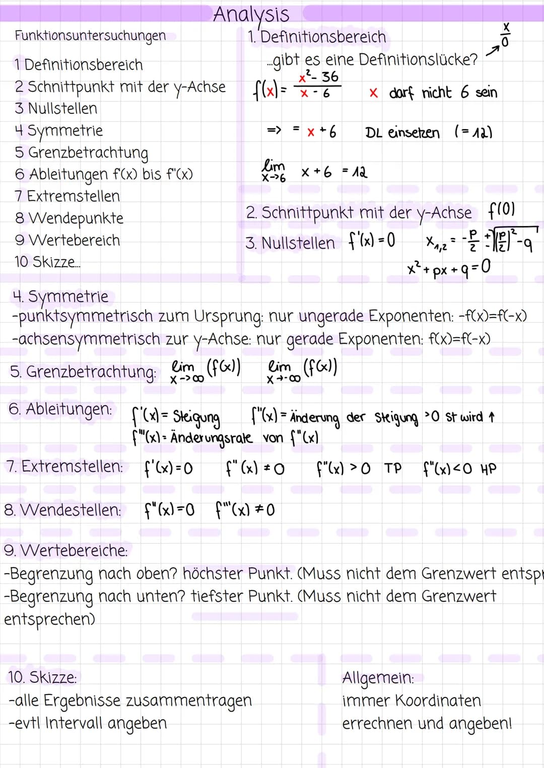 Funktionsuntersuchungen
1 Definitionsbereich
2 Schnittpunkt mit der y-Achse _f(x)= x - 6
3 Nullstellen
x + 6
4 Symmetrie
5 Grenzbetrachtung
