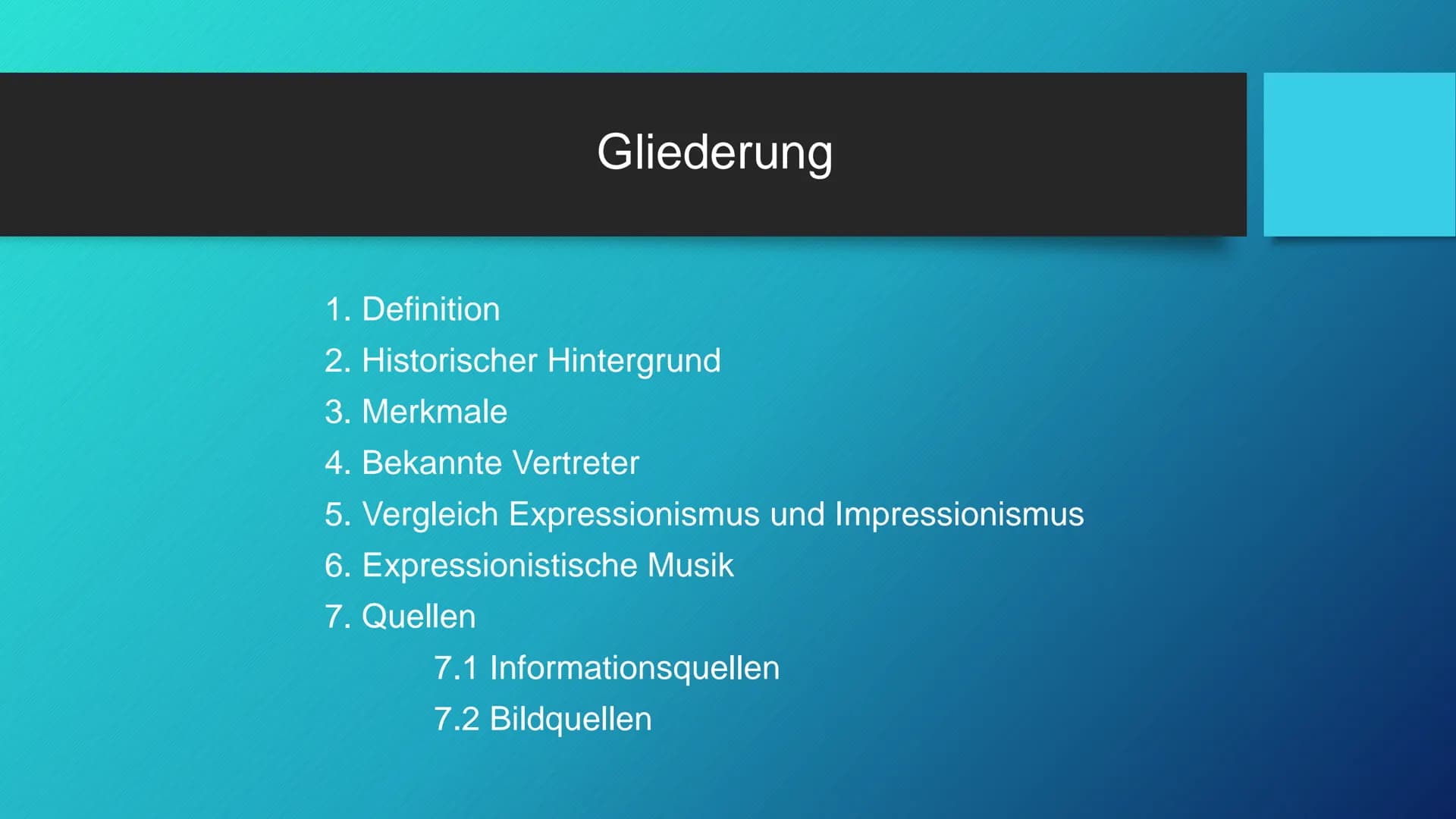 Die Epoche des
Expressionismus Gliederung
1. Definition
2. Historischer Hintergrund
3. Merkmale
4. Bekannte Vertreter
5. Vergleich Expressio
