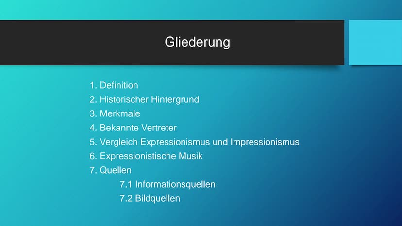Die Epoche des
Expressionismus Gliederung
1. Definition
2. Historischer Hintergrund
3. Merkmale
4. Bekannte Vertreter
5. Vergleich Expressio