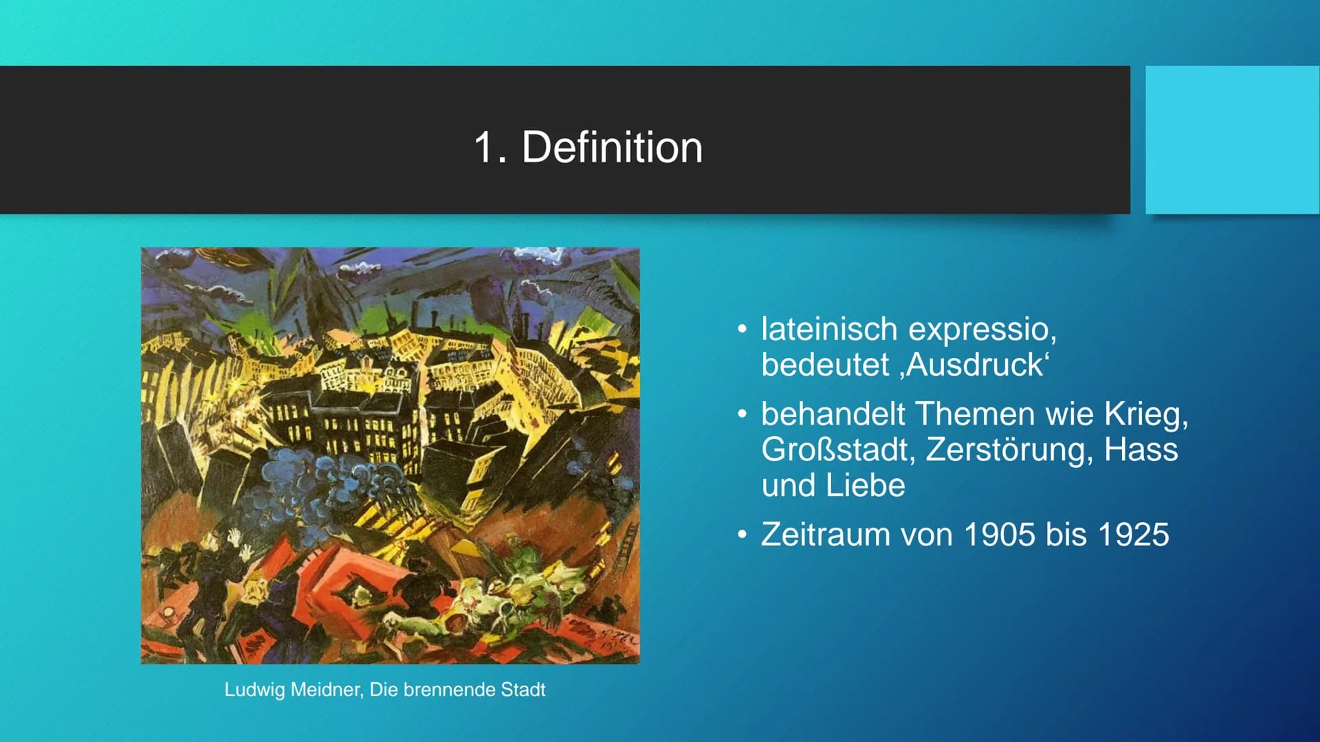 Die Epoche des
Expressionismus Gliederung
1. Definition
2. Historischer Hintergrund
3. Merkmale
4. Bekannte Vertreter
5. Vergleich Expressio