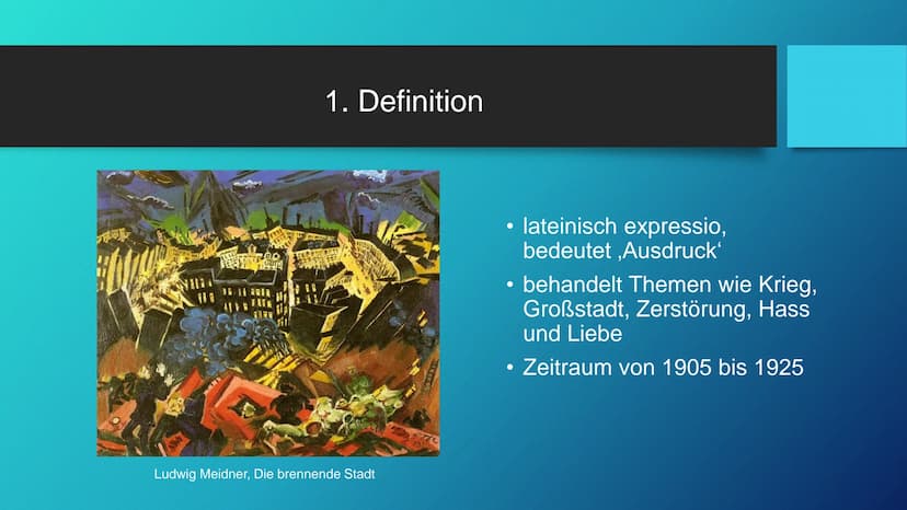 Die Epoche des
Expressionismus Gliederung
1. Definition
2. Historischer Hintergrund
3. Merkmale
4. Bekannte Vertreter
5. Vergleich Expressio