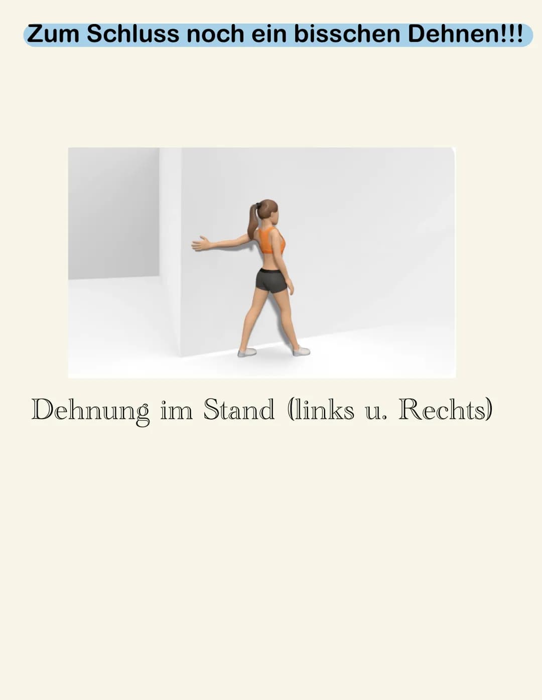 Zum Schluss noch ein bisschen Dehnen!!!
Dehnung im Stand (links u. Rechts) Wandsitzen
Anfänger:
Fortgeschritten: 40 Sekunden
Profi:
25 Sekun