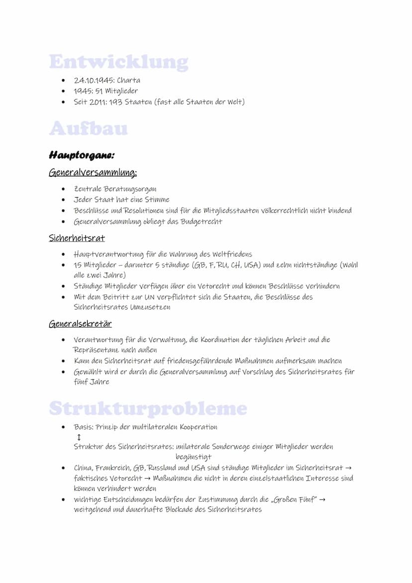 ●
Funktion
●
Sicherung des Weltfriedens und der internationalen Sicherheit
Einhaltung des Völkerrechts
Schutz der Menschenrechte
Förderung d