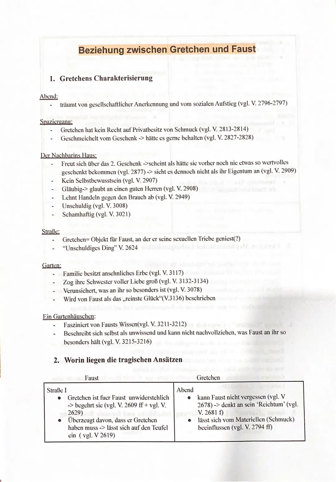 1. Gretchens Charakterisierung
Abend:
träumt von gesellschaftlicher Anerkennung und vom sozialen Aufstieg (vgl. V. 2796-2797)
Spaziergang:
B