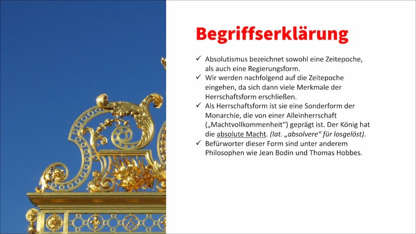 Absolutismus
✓ Begriffserklärung
Absolutismus bezeichnet sowohl eine Zeitepoche, als auch eine Regierungsform. Als
Herrschaftsform ist sie e