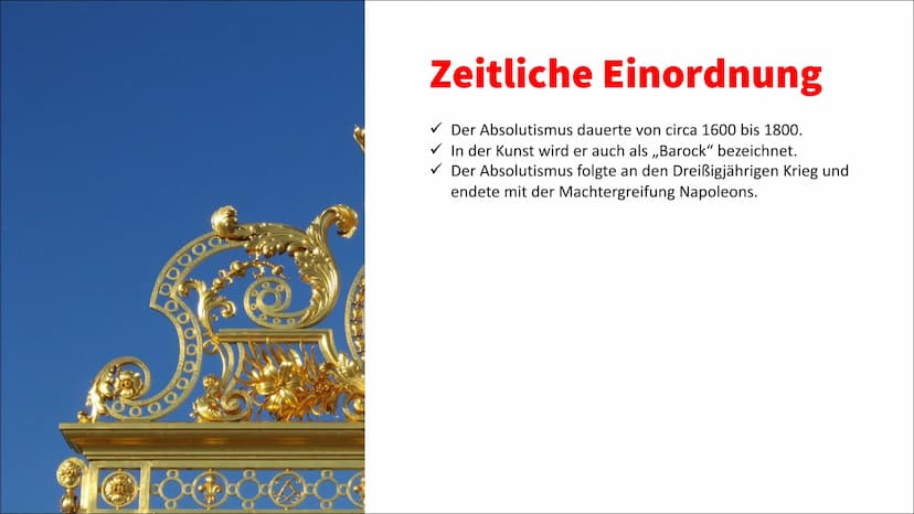 Absolutismus
✓ Begriffserklärung
Absolutismus bezeichnet sowohl eine Zeitepoche, als auch eine Regierungsform. Als
Herrschaftsform ist sie e