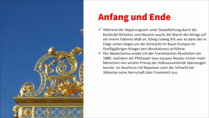 Absolutismus
✓ Begriffserklärung
Absolutismus bezeichnet sowohl eine Zeitepoche, als auch eine Regierungsform. Als
Herrschaftsform ist sie e