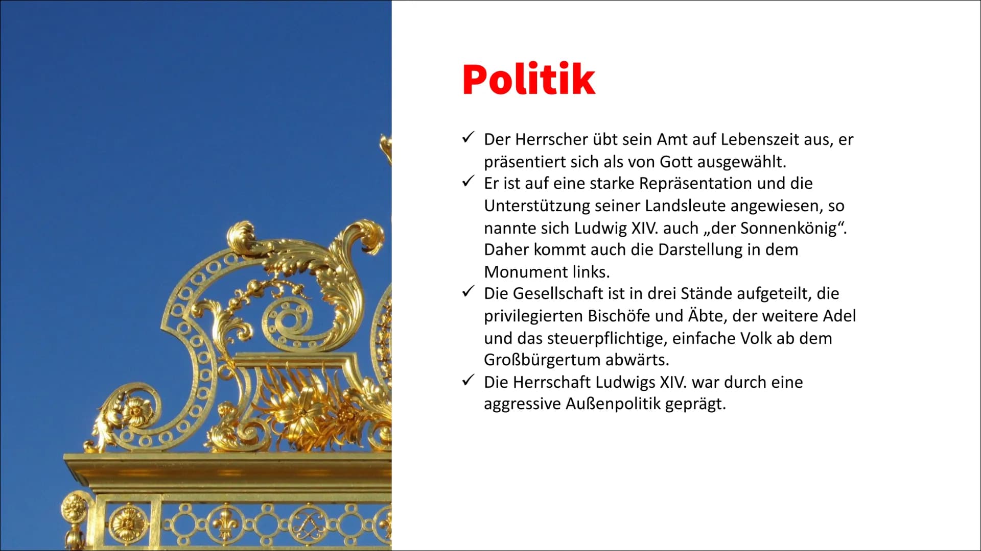 Absolutismus
✓ Begriffserklärung
Absolutismus bezeichnet sowohl eine Zeitepoche, als auch eine Regierungsform. Als
Herrschaftsform ist sie e