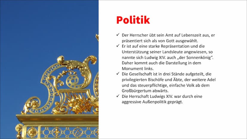 Absolutismus
✓ Begriffserklärung
Absolutismus bezeichnet sowohl eine Zeitepoche, als auch eine Regierungsform. Als
Herrschaftsform ist sie e