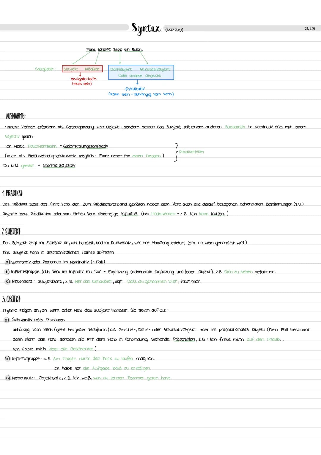 Syntax (SATZ BAU)
Fronz schenkt Sepp ein Buch,
Satzquieder Subjekt Prädikat
↓
obligatorisch
(muss sein)
Dativobjekt Akkusativobjekt
Coder an