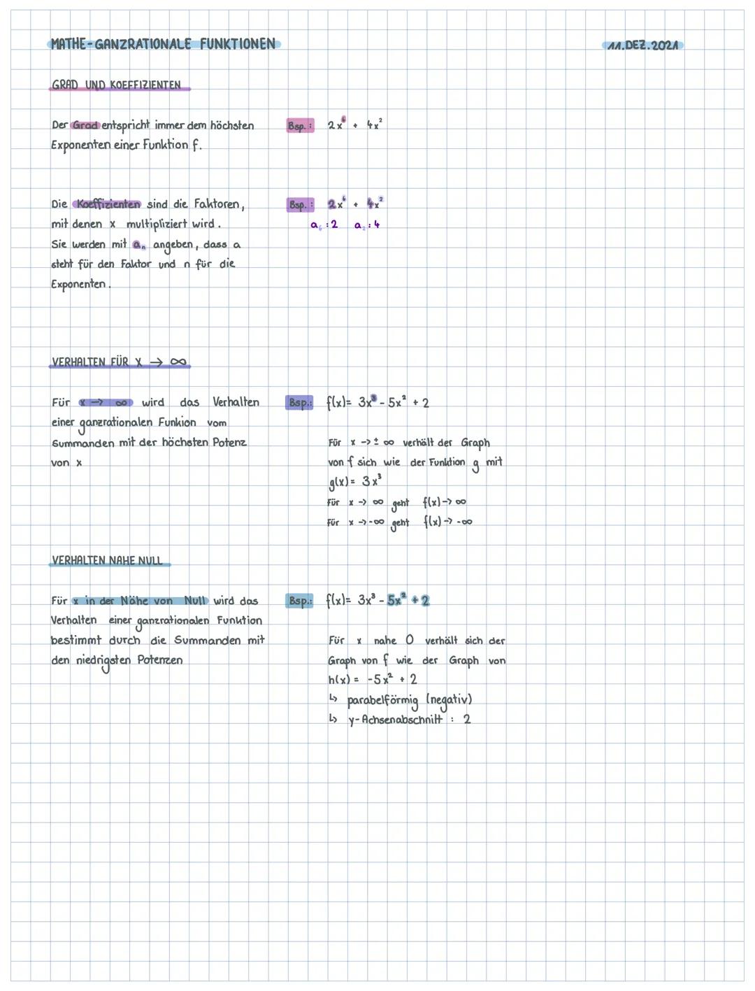 MATHE-GANZRATIONALE FUNKTIONEN
GRAD UND KOEFFIZIENTEN
Der Grad entspricht immer dem höchsten
Exponenten einer Funktion f.
Die Koeffizienten 
