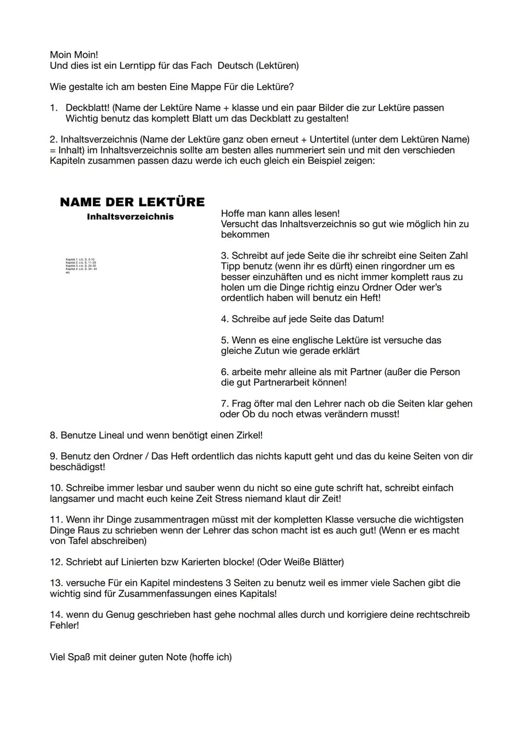 Moin Moin!
Und dies ist ein Lerntipp für das Fach Deutsch (Lektüren)
Wie gestalte ich am besten Eine Mappe Für die Lektüre?
1. Deckblatt! (N