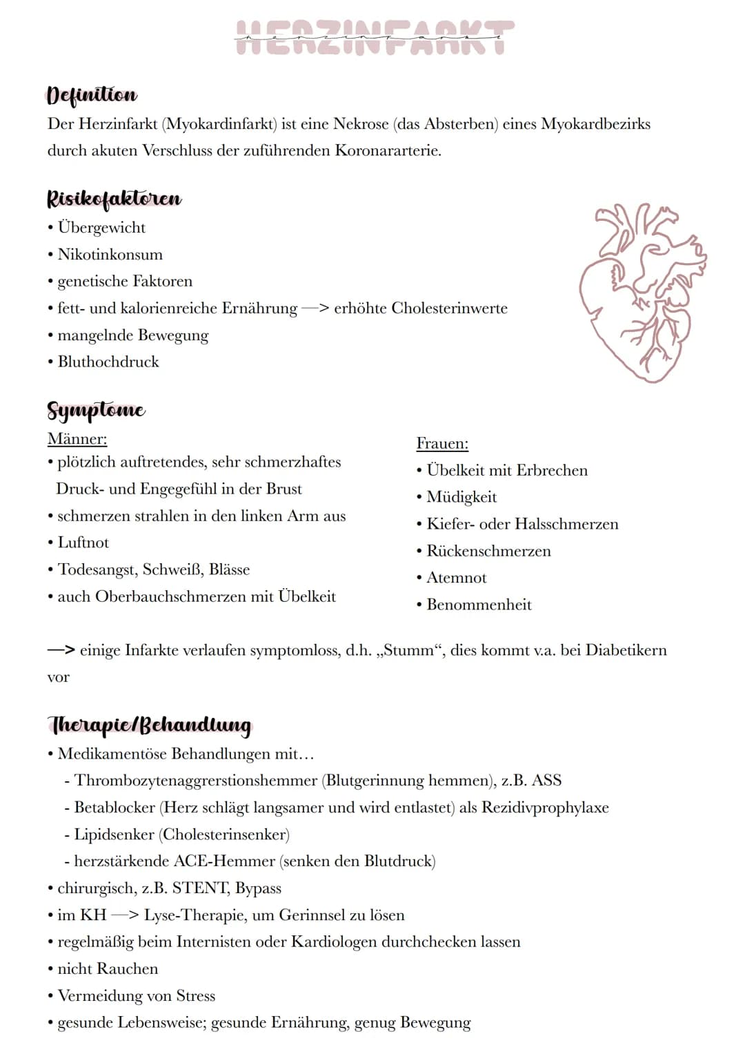 Definition
Der Herzinfarkt (Myokardinfarkt) ist eine Nekrose (das Absterben) eines Myokardbezirks
durch akuten Verschluss der zuführenden Ko
