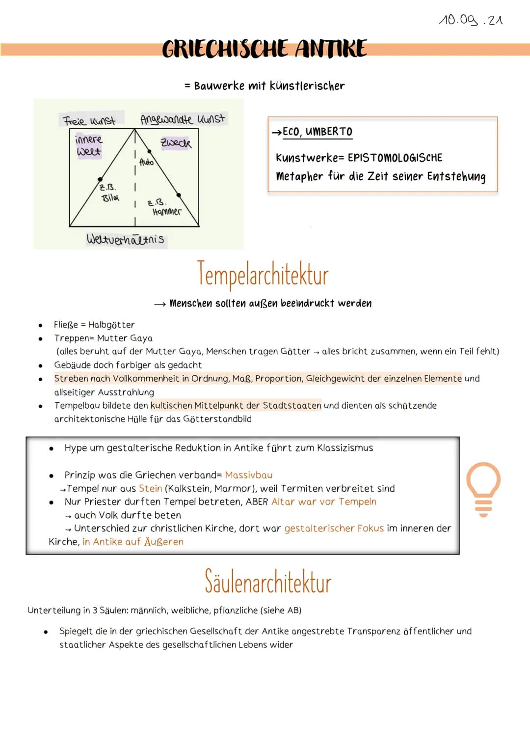 ARCHI-
TEKTUR
12/1 ●
Freie Kunst
●
innere
Weet
Z.B.
Bild
GRIECHISCHE ANTIKE
Auto
Angewandte Kunst
= Bauwerke mit künstlerischer
Zweck
I
1 2.