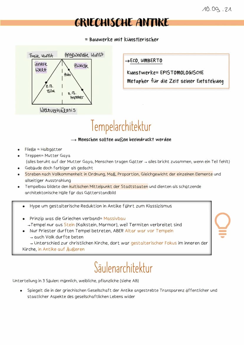 ARCHI-
TEKTUR
12/1 ●
Freie Kunst
●
innere
Weet
Z.B.
Bild
GRIECHISCHE ANTIKE
Auto
Angewandte Kunst
= Bauwerke mit künstlerischer
Zweck
I
1 2.