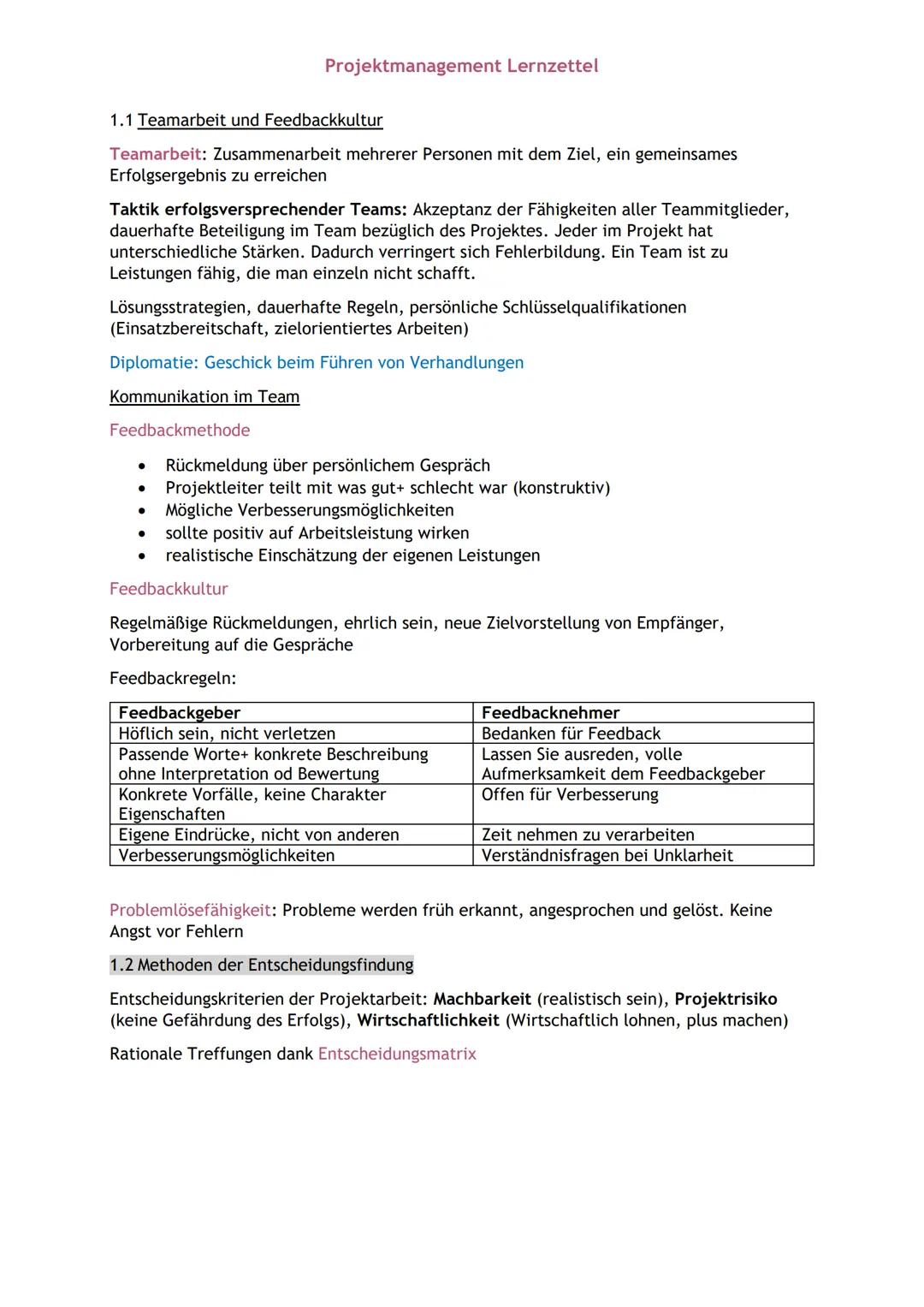 1.1 Teamarbeit und Feedbackkultur
Teamarbeit: Zusammenarbeit mehrerer Personen mit dem Ziel, ein gemeinsames
Erfolgsergebnis zu erreichen
Pr