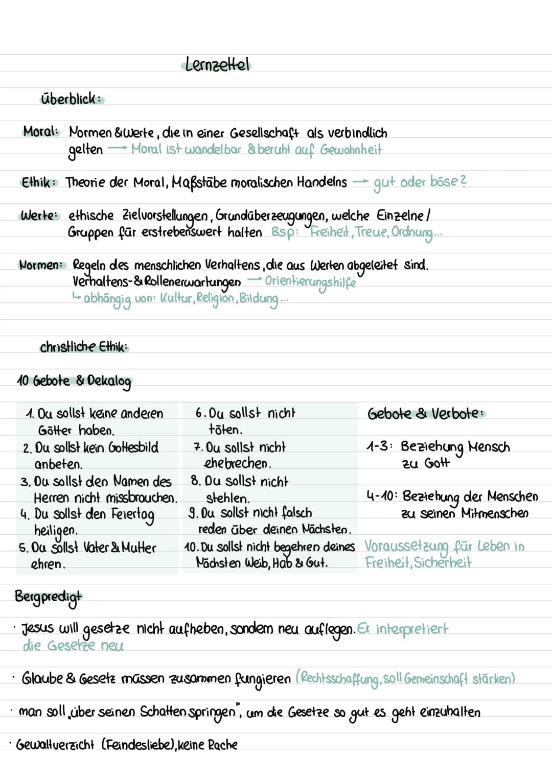 überblick:
Moral: Normen & Werte, die in einer Gesellschaft als verbindlich
gelten Moral ist wandelbar & beruht auf Gewohnheit
Ethik: Theori