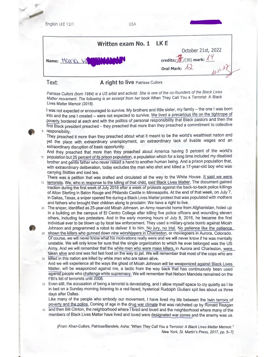 English LKE 12/1
USA
Written exam No. 1 LK E
Name: Maria WANAN
October 21st, 2022
credits:/(30) mark: Y
Oral Mark: 12
10.11.22
Text:
A right