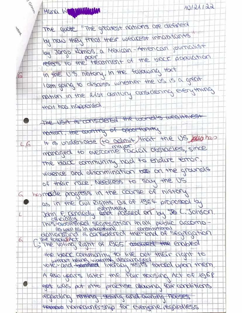 English LKE 12/1
USA
Written exam No. 1 LK E
Name: Maria WANAN
October 21st, 2022
credits:/(30) mark: Y
Oral Mark: 12
10.11.22
Text:
A right