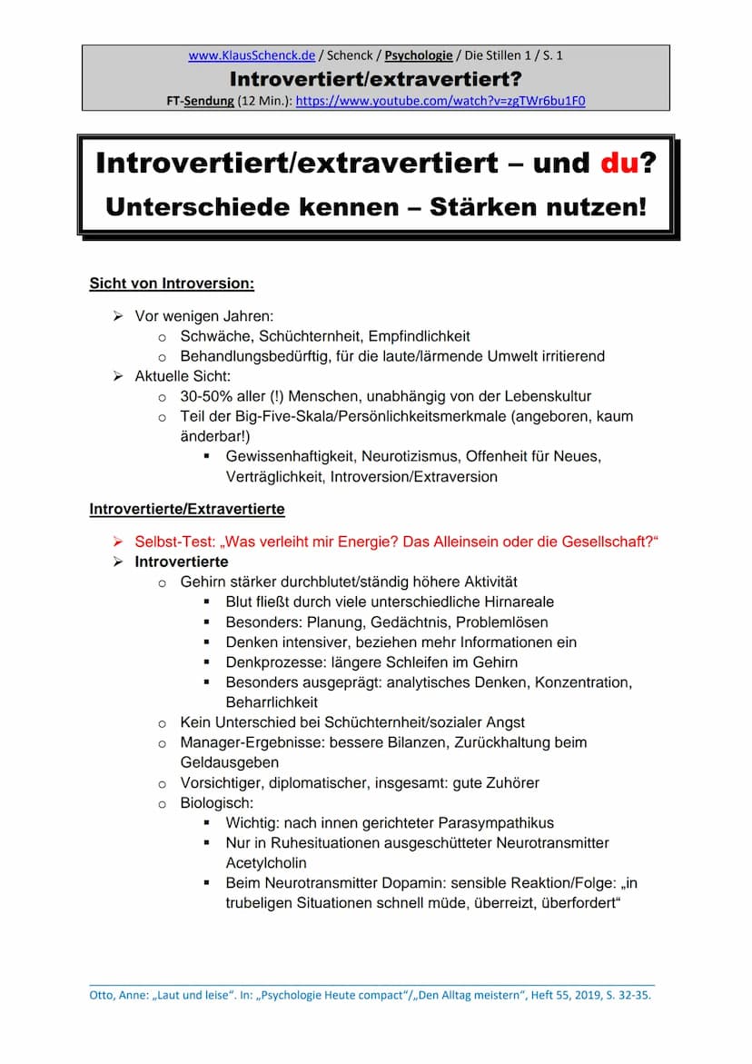Introversion bei Schülern
www.KlausSchenck.de/ Schenck / Psychologie / Die Stillen 4 / S. 1
Introversion bei Schülern
FT-Sendung (8Min.): ht