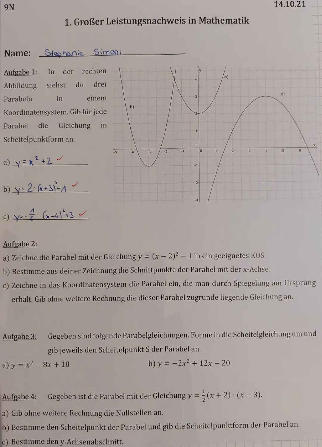 Klassenarbeit Parabeln