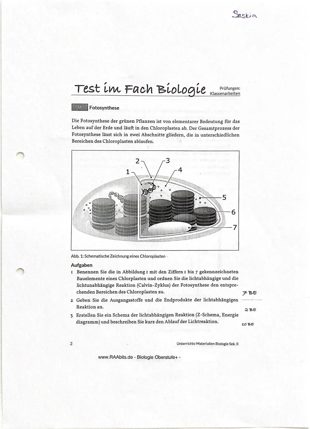 Saskia

# Test im Fach Biologie

M Fotosynthese

Prüfungen:
Klassenarbeiten

Die Fotosynthese der grünen Pflanzen ist von elementarer Bedeut