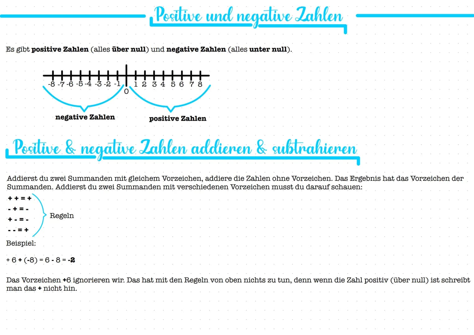 Es gibt positive Zahlen (alles über null) und negative Zahlen (alles unter null).
-8-7-6-5-4-3-2-1
negative Zahlen
Regeln
Positive und negat