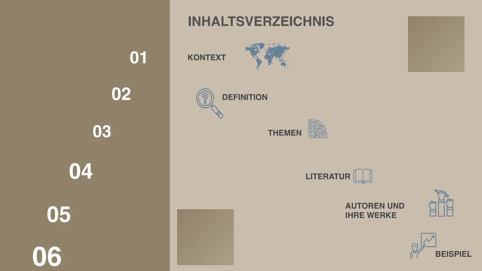Die Neue
Sachlichkeit 04
05
06
03
01
02
INHALTSVERZEICHNIS
KONTEXT
?
DEFINITION
THEMEN
LITERATUR
AUTOREN UND
IHRE WERKE
31
BEISPIEL Beispiel