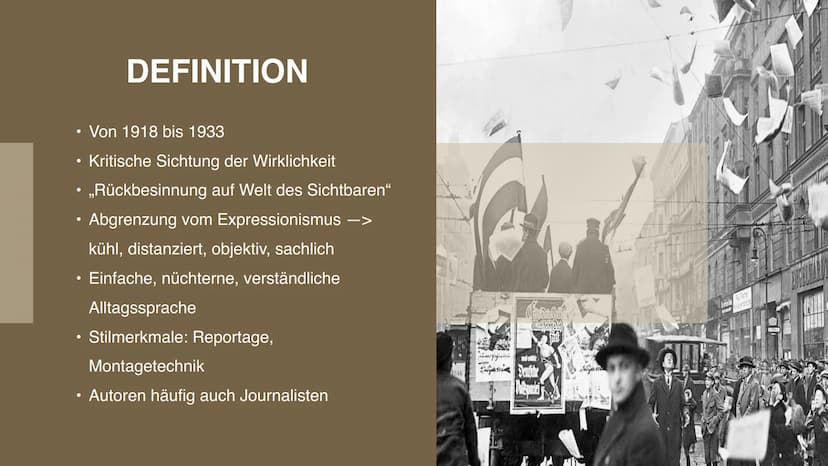 Die Neue
Sachlichkeit 04
05
06
03
01
02
INHALTSVERZEICHNIS
KONTEXT
?
DEFINITION
THEMEN
LITERATUR
AUTOREN UND
IHRE WERKE
31
BEISPIEL Beispiel