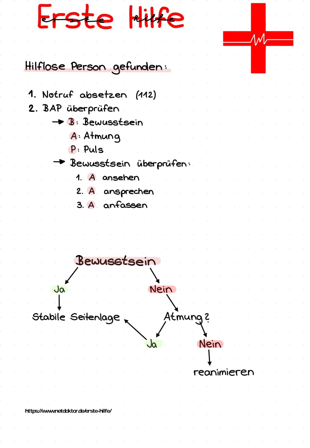 Erste Hilfe
Hilflose Person gefunden:
1. Notruf absetzen (112)
2. BAP überprüfen
Ja
B: Bewusstsein
A: Atmung
P: Puls
Bewusstsein überprüfen: