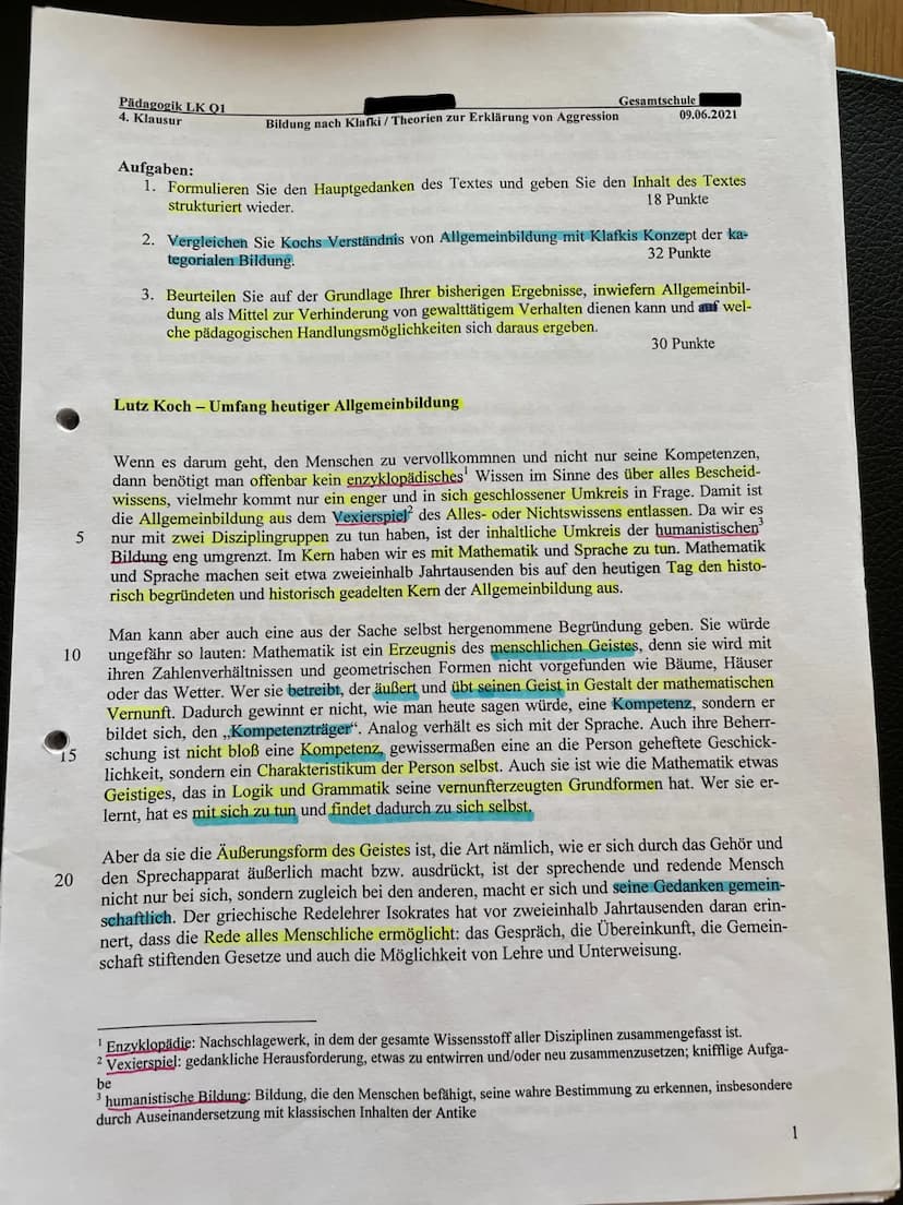 Aufgabe 3.
- Im folgendem Text steht die
Frage, inwiefern Allgemeinbildung
als Mittel zur Verhinderung von
gewalttätigem Verhalten dienen
ka
