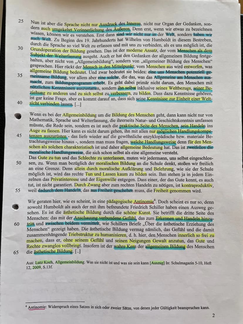 Aufgabe 3.
- Im folgendem Text steht die
Frage, inwiefern Allgemeinbildung
als Mittel zur Verhinderung von
gewalttätigem Verhalten dienen
ka