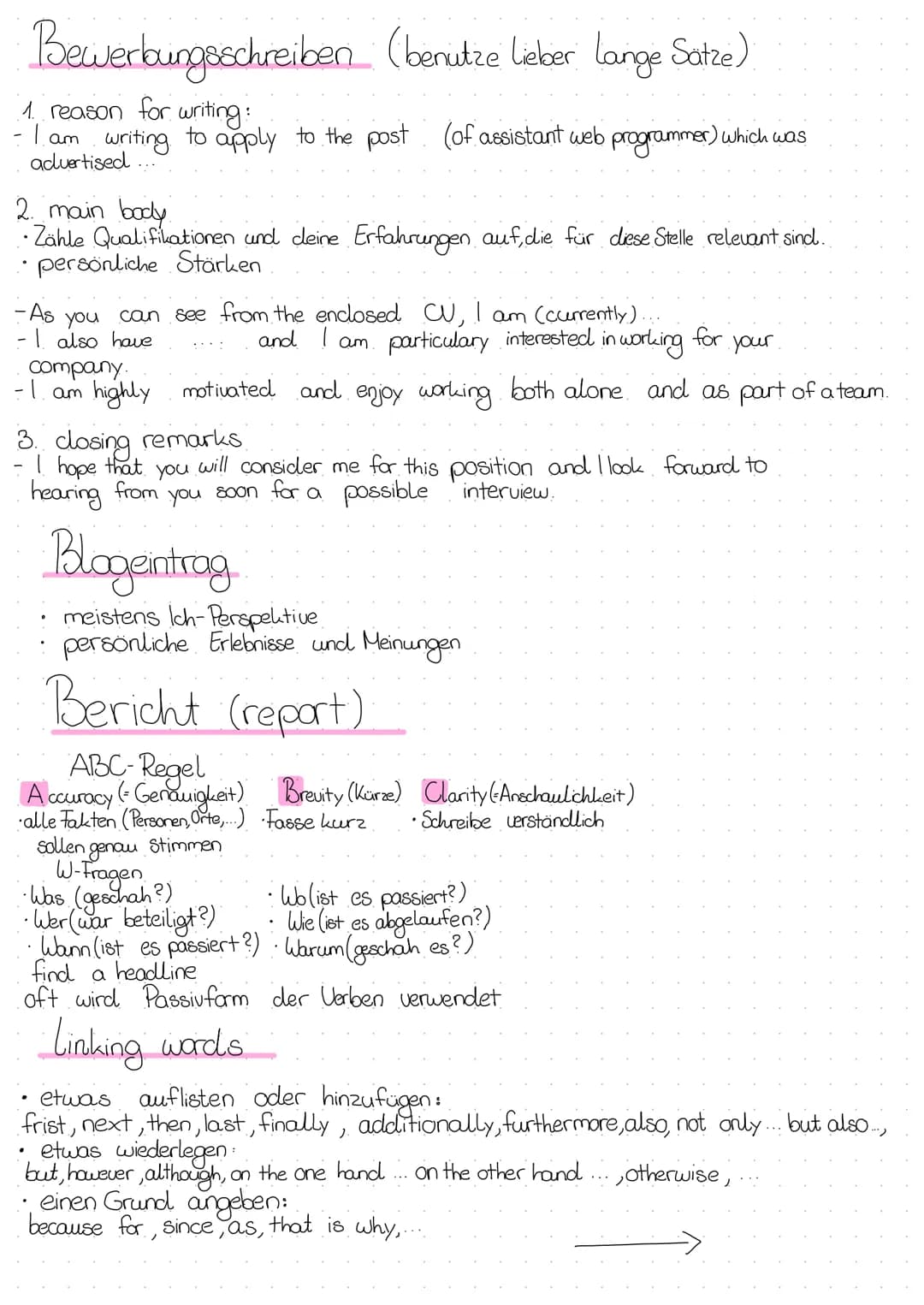 writing
1. Wie beginne ich?
Hache eine Gliederung erstmal.
introduction/beginning
main part
conclusion /ending
2. Versuche zu jedem Punkt dr