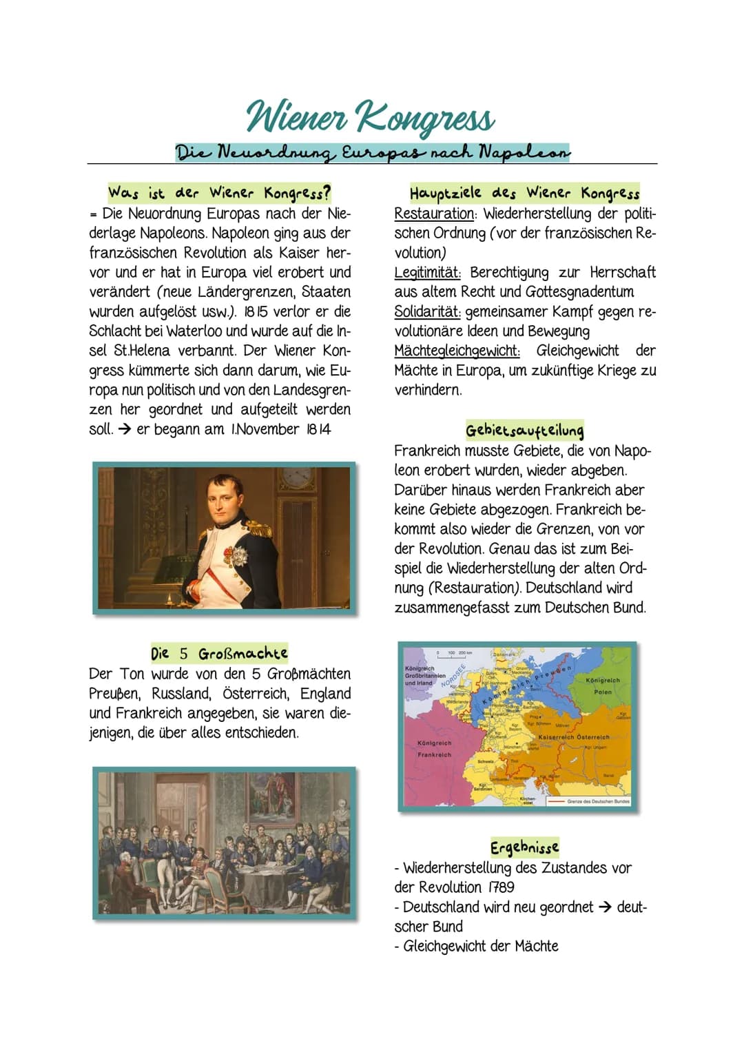 Wiener Kongress
Die Neuordnung Europas nach Napoleon
Was ist der Wiener Kongress?
= Die Neuordnung Europas nach der Nie-
derlage Napoleons. 
