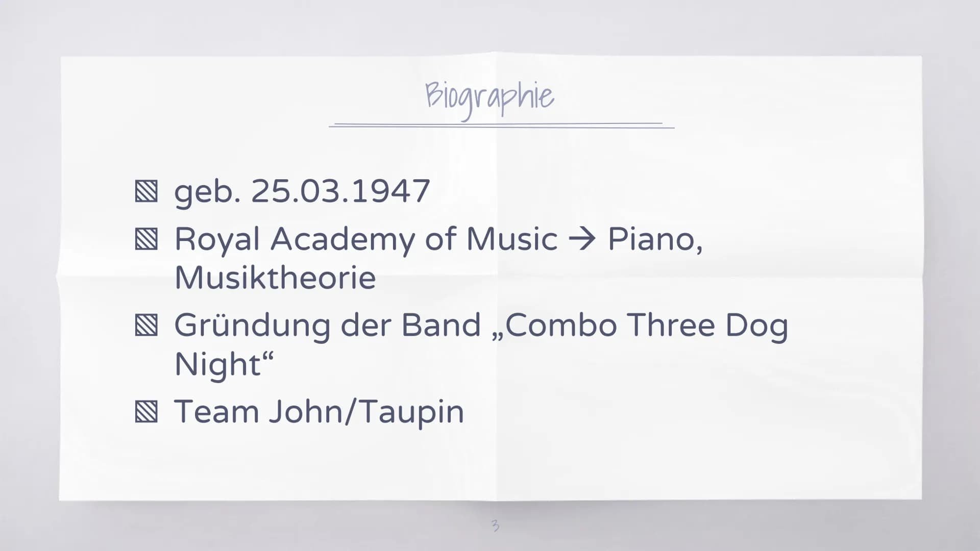 Biografie:
--> er schreibt die Texte
--> Elton John setzt eine Melodie drunter
Geb. 25.3.1947 --> 73 in GB
Nach Trennung der Eltern --> wuch