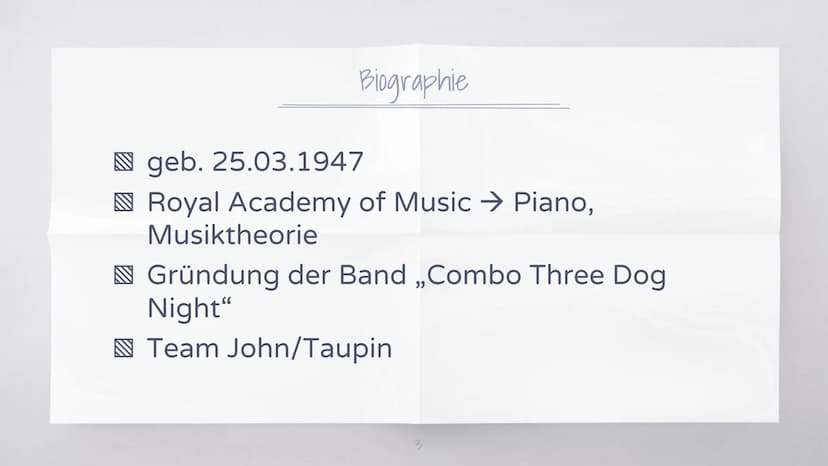 Biografie:
--> er schreibt die Texte
--> Elton John setzt eine Melodie drunter
Geb. 25.3.1947 --> 73 in GB
Nach Trennung der Eltern --> wuch