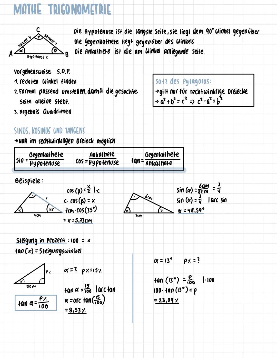 MATHE TRIGO NOMETRIE
Kathete b
a
C
Y
Hypotenuse c
Sin =
vorgehensweise S.D.P.
1. rechten Winkel finden
2. Formel passend umstellen, damit di