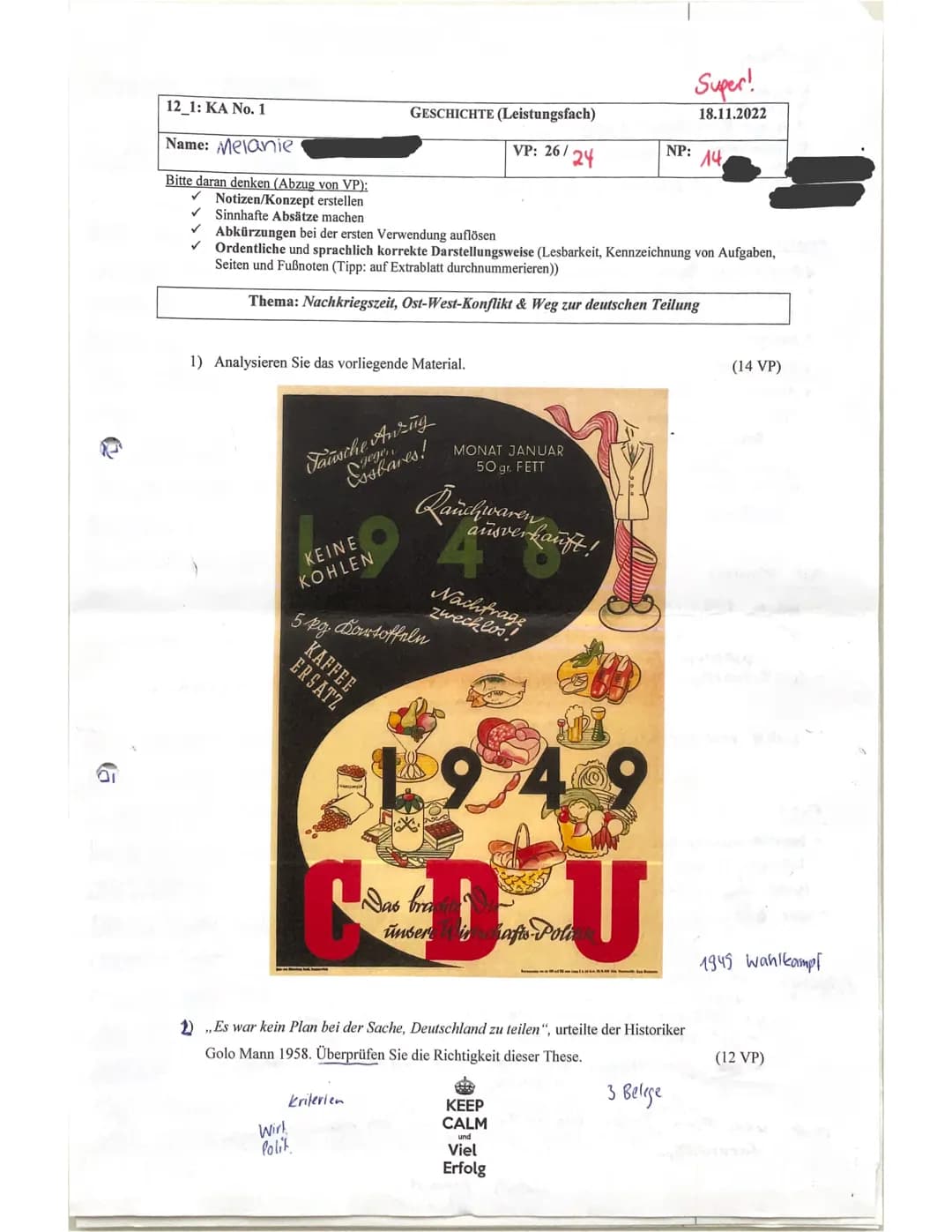 12_1: KA No. 1
Name: Melanie
Bitte daran denken (Abzug von VP):
Notizen/Konzept erstellen
✓Sinnhafte Absätze machen
1) Analysieren Sie das v