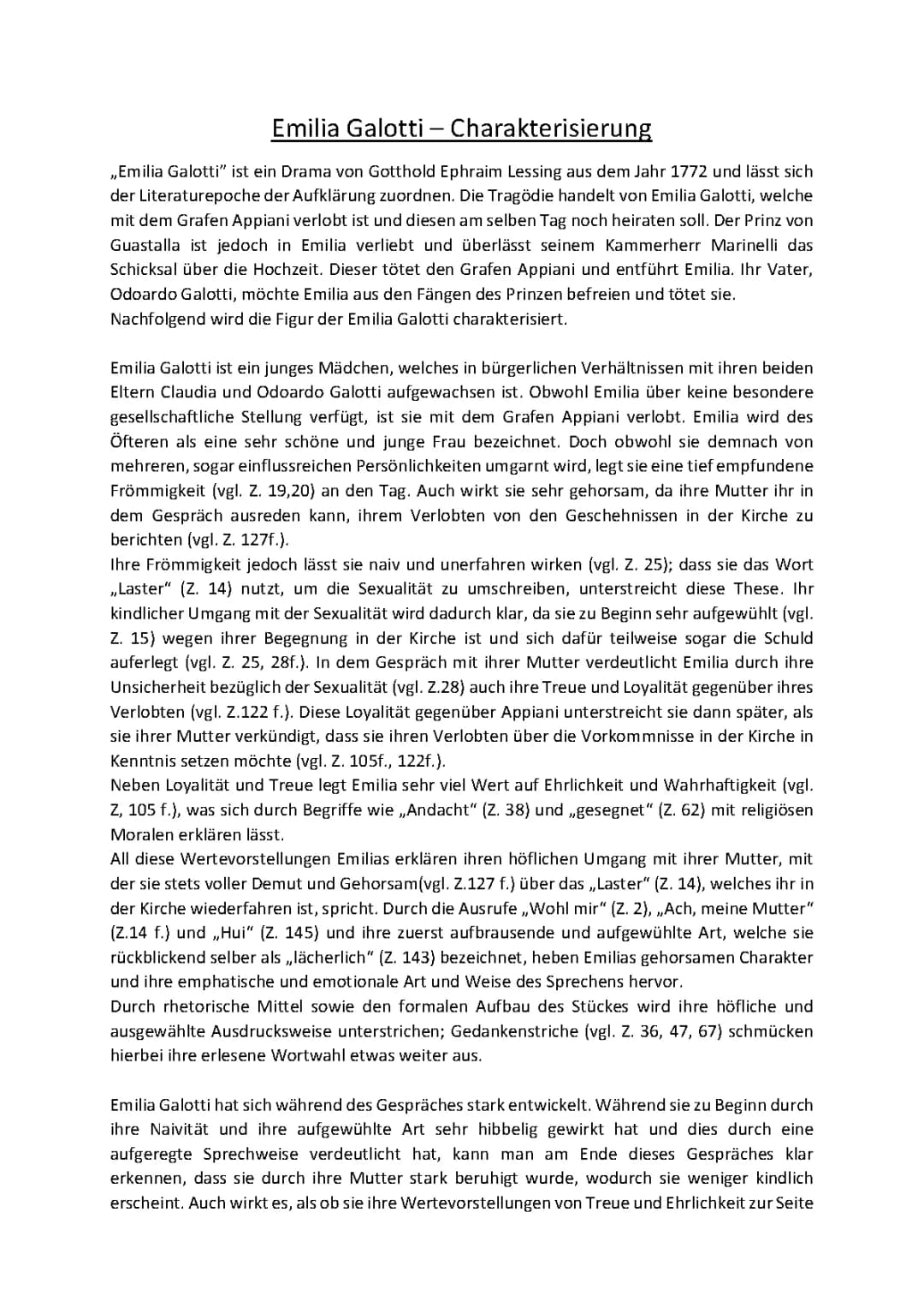 Emilia Galotti: Charakterisierungen, Zusammenfassungen und wichtige Textstellen