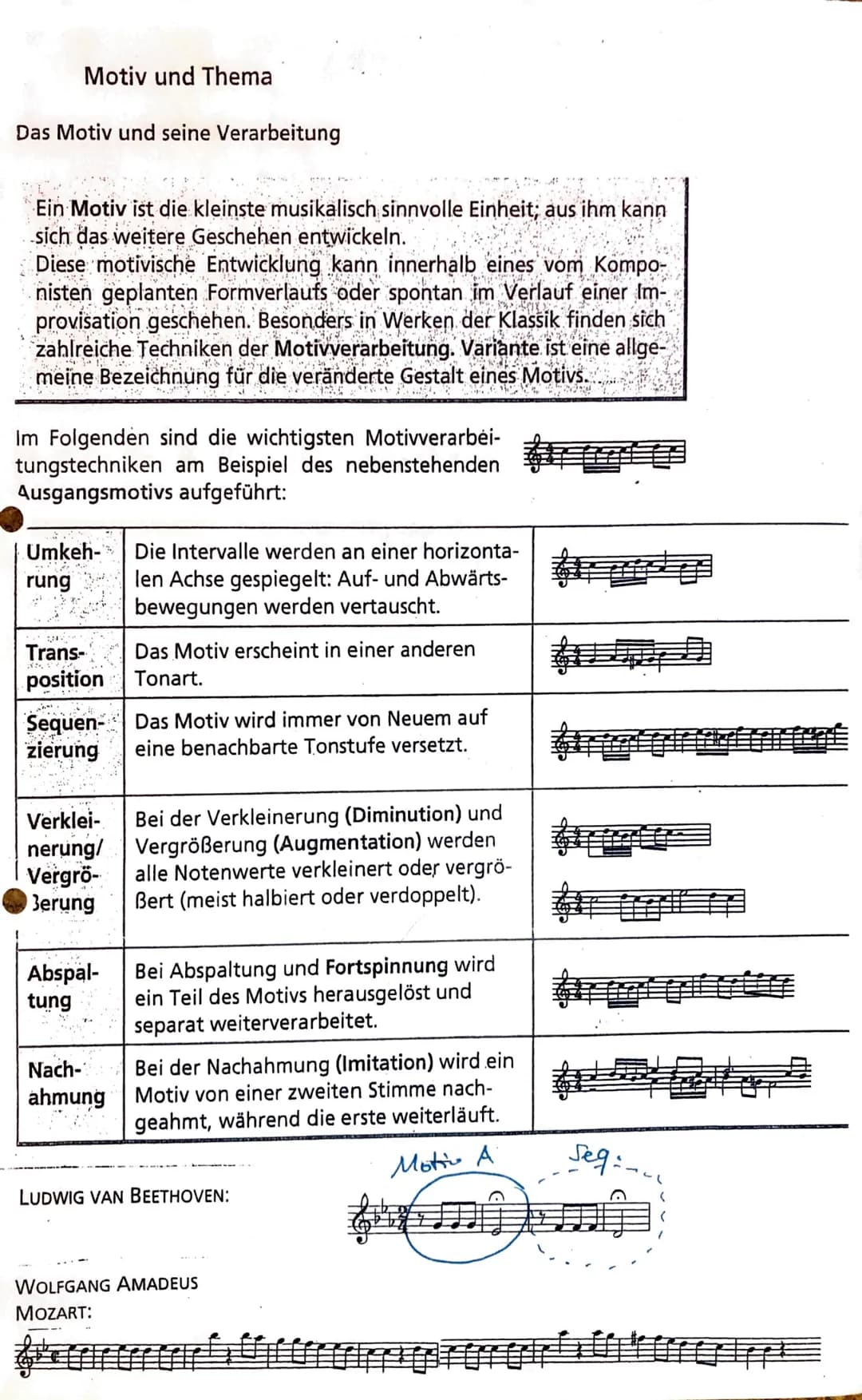 Motiv und Thema
Das Motiv und seine Verarbeitung
Ein Motiv ist die kleinste musikalisch sinnvolle Einheit; aus ihm kann
sich das weitere Ges