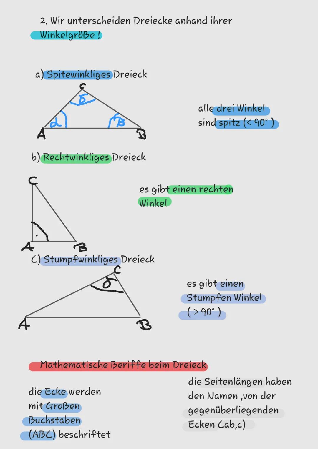 Dreiecke unterscheiden
An ihrer Seitenlange oder/und Winkel unterscheiden
a) Unregelmäßiges Dreieck
A
b) Gleichschekliges Dreieck
c)Gleiseit