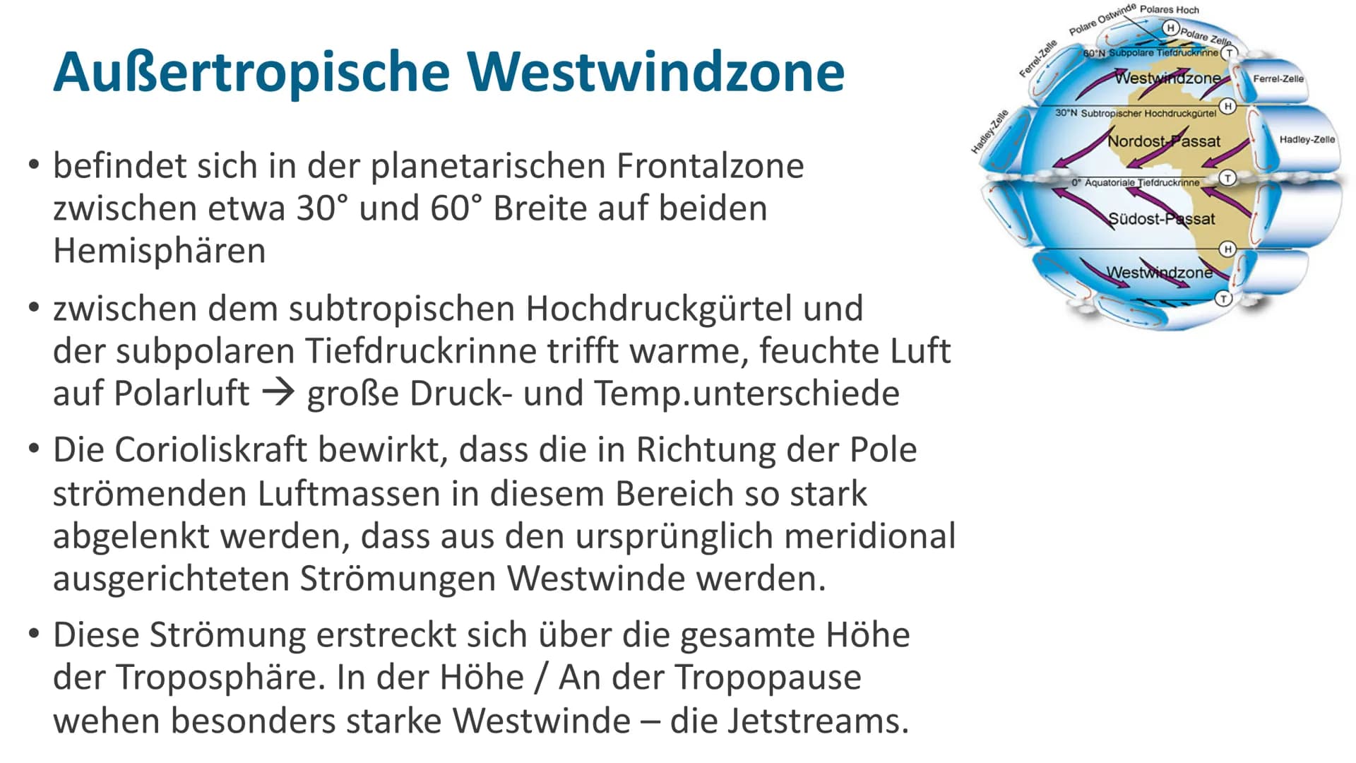 KALT
WARM
Außertropische Zirkulation Außertropische Westwindzone
• befindet sich in der planetarischen Frontalzone
zwischen etwa 30° und 60°