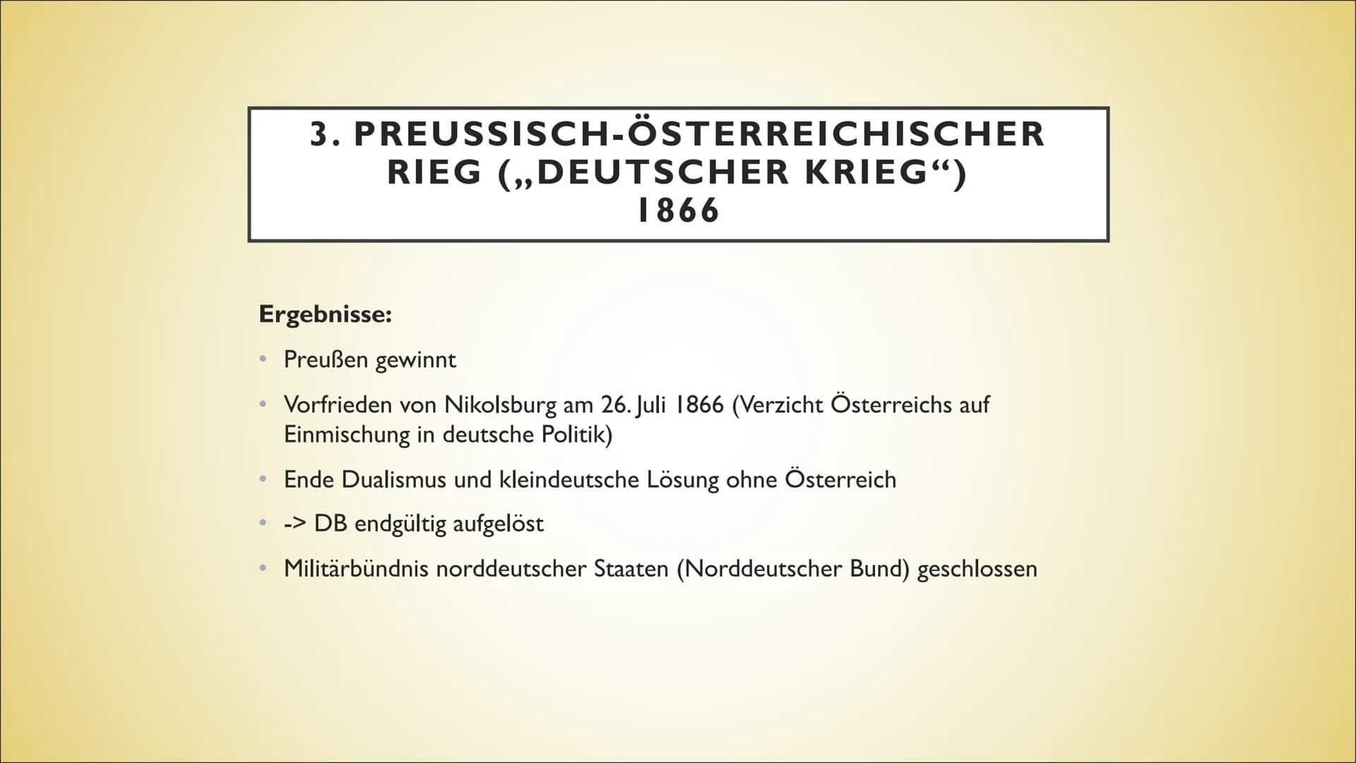 DIE EINIGUNGSKRIEGE
DEUTSCHLANDS UNTER OTTO VON
BISMARCK ●
●
●
●
●
●
1.Ausgangslage
2. Deutsch-Dänischer Krieg
3. Preußisch-Österreichischer