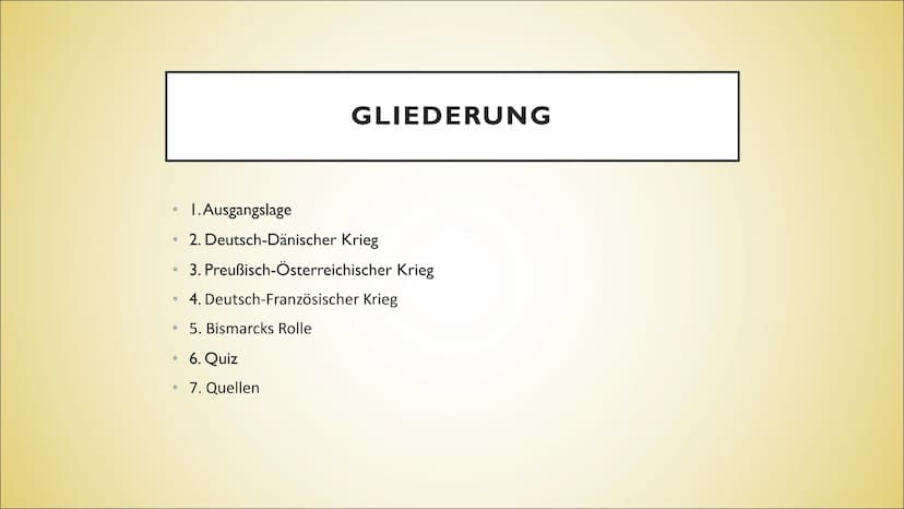 DIE EINIGUNGSKRIEGE
DEUTSCHLANDS UNTER OTTO VON
BISMARCK ●
●
●
●
●
●
1.Ausgangslage
2. Deutsch-Dänischer Krieg
3. Preußisch-Österreichischer