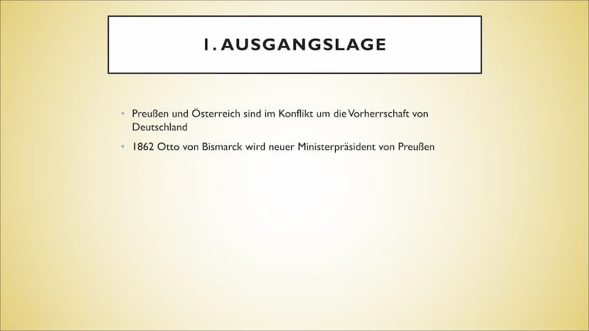 DIE EINIGUNGSKRIEGE
DEUTSCHLANDS UNTER OTTO VON
BISMARCK ●
●
●
●
●
●
1.Ausgangslage
2. Deutsch-Dänischer Krieg
3. Preußisch-Österreichischer