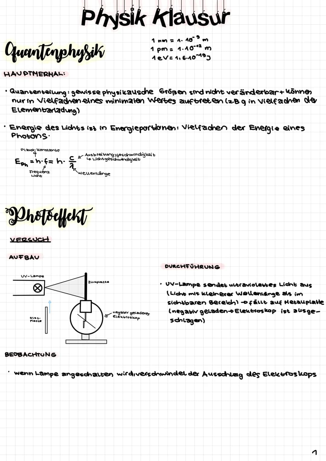 Quantenphysik
HAUPTMERNAL:
Quantenteilung: gewisse physikausche Größen sind nicht veränderbar + können
nur in Vielfachen eines minimalen Wer